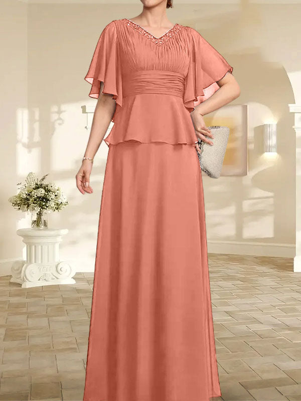Vestido de gasa de corte A, escote en V, largo hasta el suelo, para la madre de la novia, con plisados ​​y cuentas.
