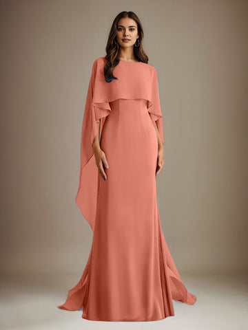 Sheath/Column Boatneck Floor-Length Chiffon Mother of the Bride Dress With Cascading Ruffles