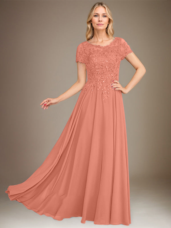 Vestido de corte A, escote redondo, largo hasta el suelo, de gasa, para la madre de la novia, con apliques y lentejuelas. 
