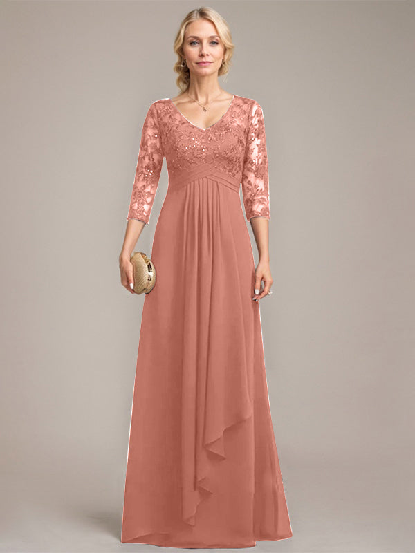 Vestido de novia de corte línea A, escote en V, largo hasta el suelo, de gasa de encaje con volantes en cascada y lentejuelas. 