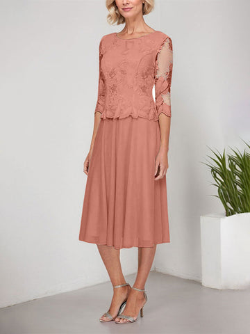 A-line Scoop Tea-Length Lace Chiffon Mother of the Bride Dress With Embroidery