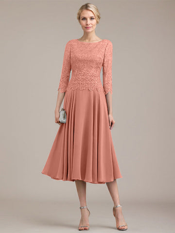 A-line Scoop Tea-Length Lace Chiffon Mother of the Bride Dress