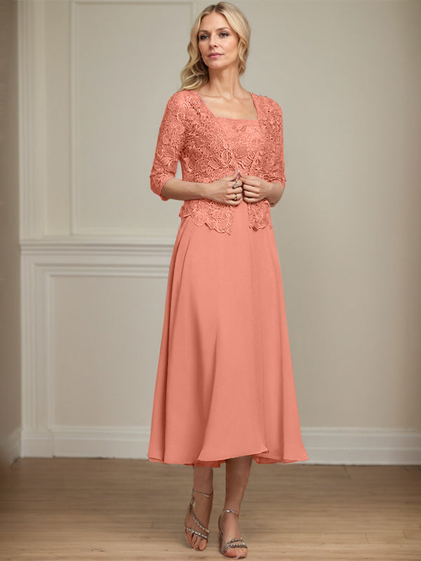 Vestido de corte A, largo midi, de gasa, encaje y lentejuelas para la madre de la novia. 