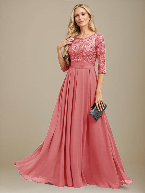 Vestido de corte A, escote redondo, largo hasta el suelo, de gasa de encaje con apliques de lentejuelas para la madre de la novia. 