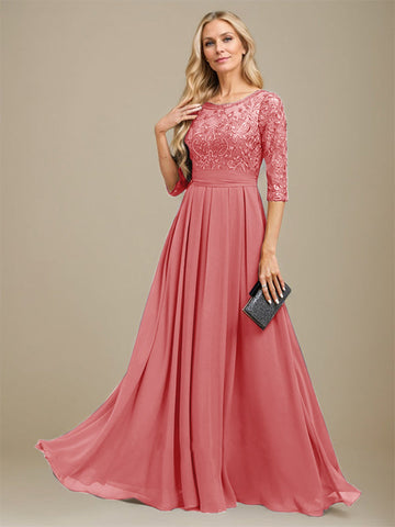 A-Line Scoop Floor-Length Lace Chiffon Mother Of the Bride Dress With Sequins Applique