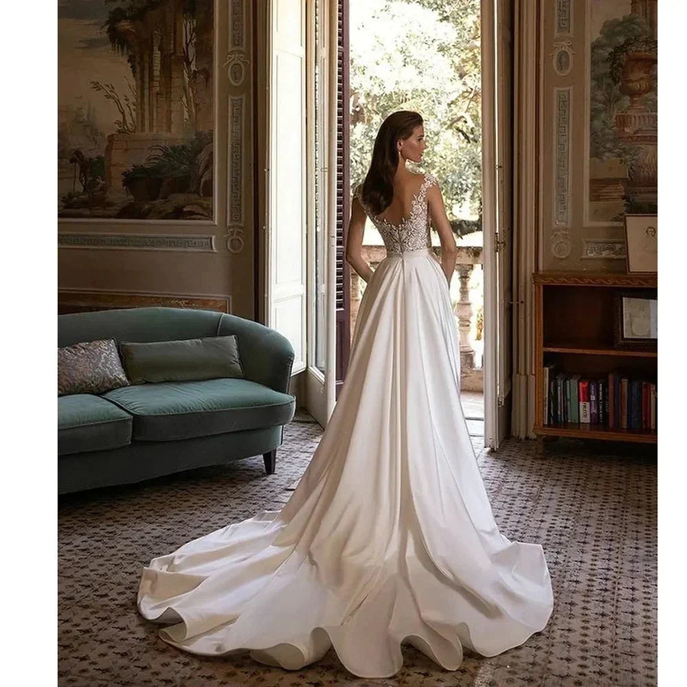 Classic Sexy Wedding Dresses A Line Lace Appliques Long Sleeve Ball Gowns Woman's Formal Bride Beach Party Vesti Dosde Fiesta