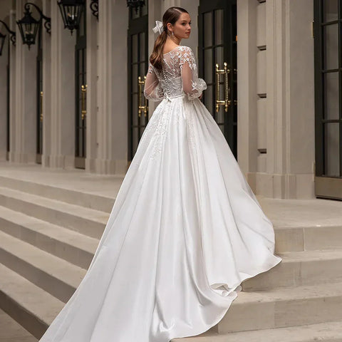 Classic Wedding Dresses Women O-Neck Full Sleeves Bride Dress Satin With Applique Sweep Train A-Line Custom Occasion Gowns