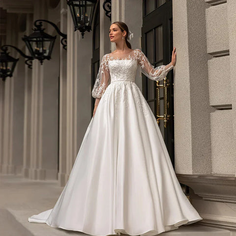 Classic Wedding Dresses Women O-Neck Full Sleeves Bride Dress Satin With Applique Sweep Train A-Line Custom Occasion Gowns
