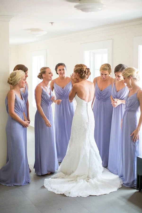 Classic Lilac Chiffon A-line V-neck Floor Length Bridesmaid Dresses