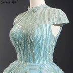 Clear Water Blue High Collar Evening Dresses 2025 Short Sleeve Lace Sequined Bridal Gowns Design Real Photo HM66981