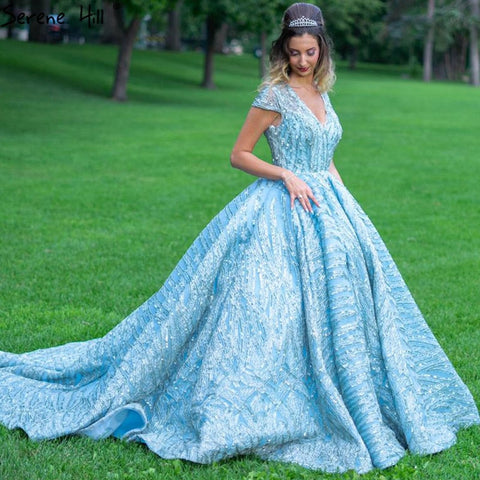 Clear Water Blue High Collar Evening Dresses 2025 Short Sleeve Lace Sequined Bridal Gowns Design Real Photo HM66981