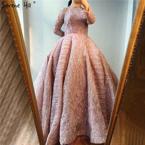 Clear Water Blue High Collar Evening Dresses 2025 Short Sleeve Lace Sequined Bridal Gowns Design Real Photo HM66981