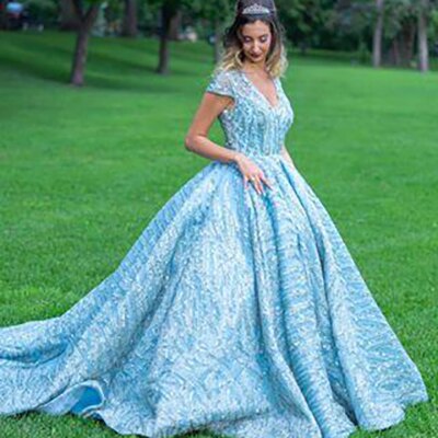 Clear Water Blue High Collar Evening Dresses 2025 Short Sleeve Lace Sequined Bridal Gowns Design Real Photo HM66981