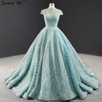 Clear Water Blue High Collar Evening Dresses 2025 Short Sleeve Lace Sequined Bridal Gowns Design Real Photo HM66981