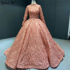 Clear Water Blue High Collar Evening Dresses 2025 Short Sleeve Lace Sequined Bridal Gowns Design Real Photo HM66981