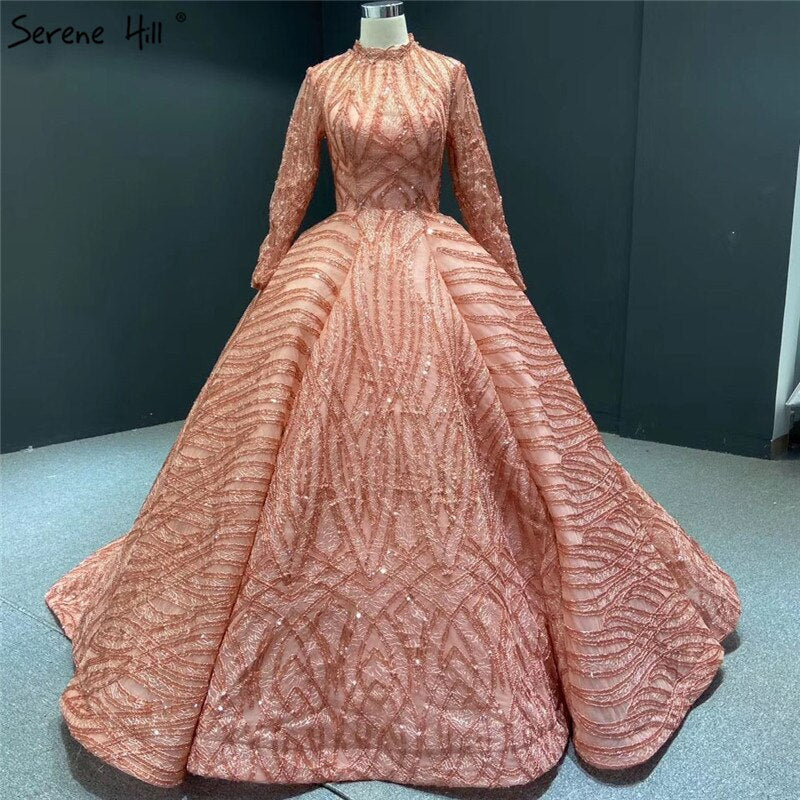 Clear Water Blue High Collar Evening Dresses 2025 Short Sleeve Lace Sequined Bridal Gowns Design Real Photo HM66981