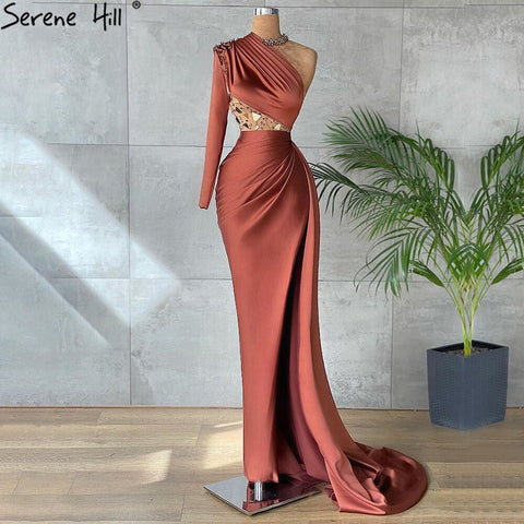 Vestidos de noche de satén con corte sirena y abertura alta, estilo café, colección 2025, elegantes, de un solo hombro, para mujer, ideales para fiestas (LA71285) 