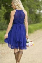 Robe de demoiselle d'honneur courte en mousseline bleu roi VMB55 
