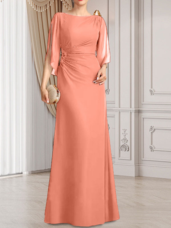 Vestido de corte recto/columna, largo hasta el suelo, de gasa, para la madre de la novia, con plisados ​​y cuentas.