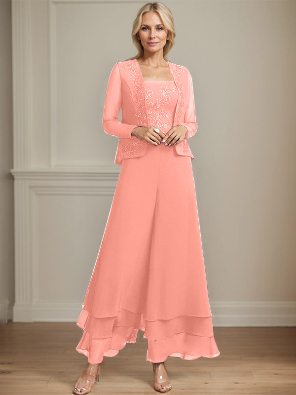 Conjunto de pantalón y chaqueta de dos piezas, corte cuadrado, largo hasta el tobillo, encaje, gasa, vestido de madre de la novia con lentejuelas 