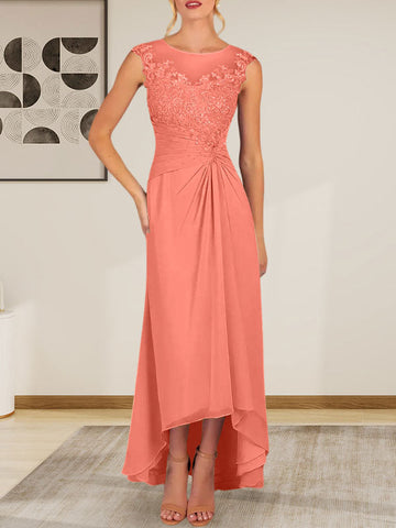Champagne A-Line Scoop Lace Chiffon Dress
