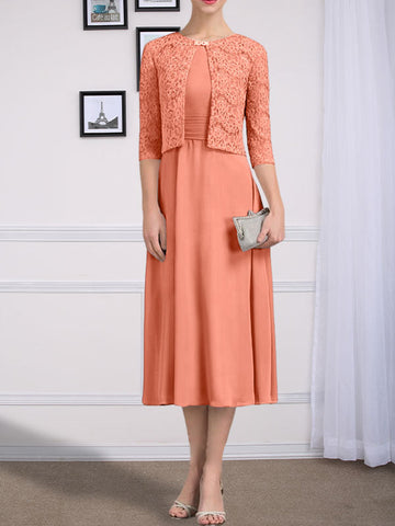 A-line Scoop Tea-Length Chiffon Mother of the Bride Dress With Pleated