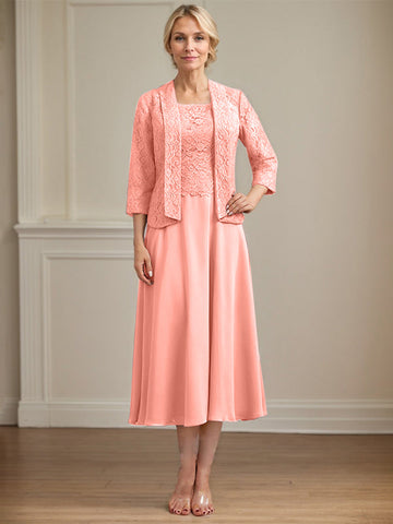 A-line Scoop Tea-Length Lace Chiffon Mother of the Bride Dress