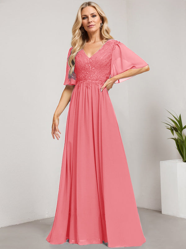 Vestido de novia de corte A, escote en V, largo hasta el suelo, de gasa de encaje con lentejuelas para la madre de la novia 