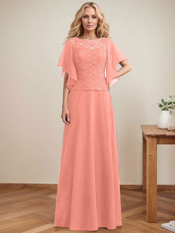 Vestido de novia de corte A, escote redondo, ilusión, largo hasta el suelo, de encaje y gasa con lentejuelas. 