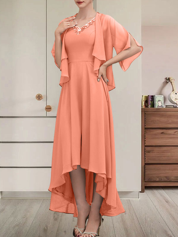 Vestido de corte A, escote en V, asimétrico, de gasa, para la madre de la novia, con lentejuelas y pedrería.