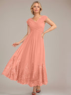 Vestido de gasa de corte evasé, escote en V, largo hasta el tobillo, para la madre de la novia, con apliques de lentejuelas. 