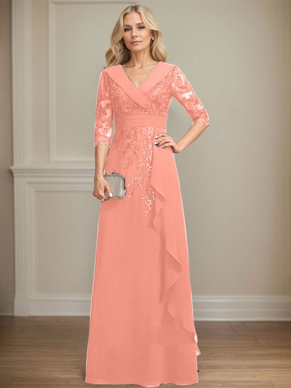 A-line Collared V-Neck Floor-Length Lace Chiffon Mother of the Bride Dress With Sequins Cascading Ruffles