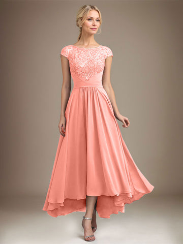 A-line Scoop Illusion Asymmetrical Lace Chiffon Mother of the Bride Dress With Pleated