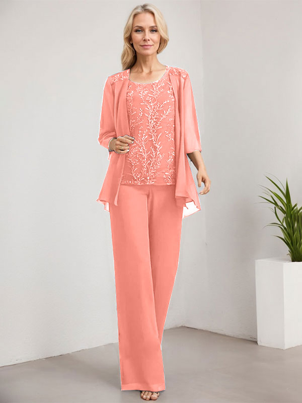 Vestido de novia de gasa con encaje y lentejuelas, estilo mono/pantalón, largo hasta el suelo, con escote redondo.