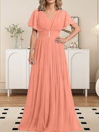 Vestido de gasa de corte A, escote en V, largo hasta el suelo, para la madre de la novia, con broche de cristal y pliegues. 