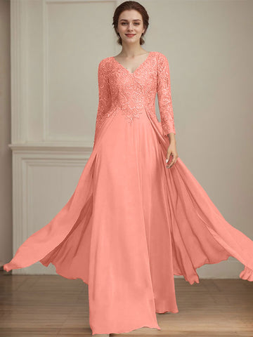 A-line V-Neck Floor-Length Lace Chiffon Mother of the Bride Dress With Sequins