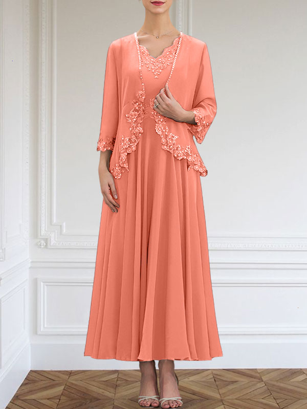 Vestido de corte A, escote en V, largo hasta el tobillo, de gasa, para la madre de la novia, con apliques de lentejuelas, encaje y pedrería.