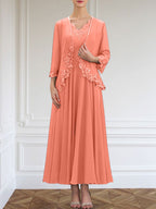 Vestido de corte A, escote en V, largo hasta el tobillo, de gasa, para la madre de la novia, con apliques de lentejuelas, encaje y pedrería.