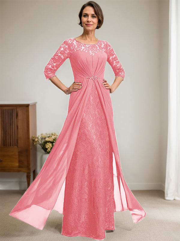 Vestido de novia de corte línea A, escote redondo ilusión, largo hasta el suelo, de gasa de encaje con volantes y pedrería. 