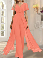 Combinaison-pantalon robe de soirée longue en mousseline à col en V