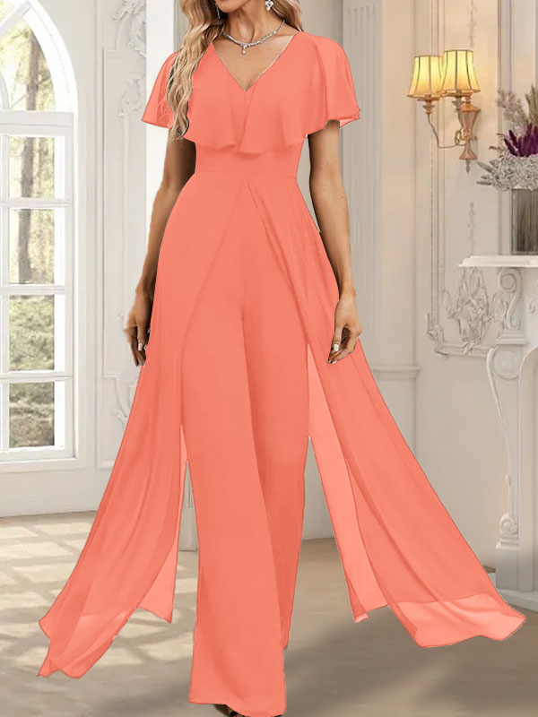 Combinaison-pantalon robe de soirée longue en mousseline à col en V