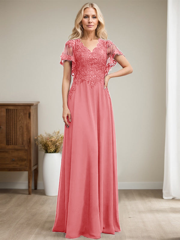 Vestido de novia de corte A, escote en V, largo hasta el suelo, de gasa de encaje con lentejuelas para la madre de la novia 