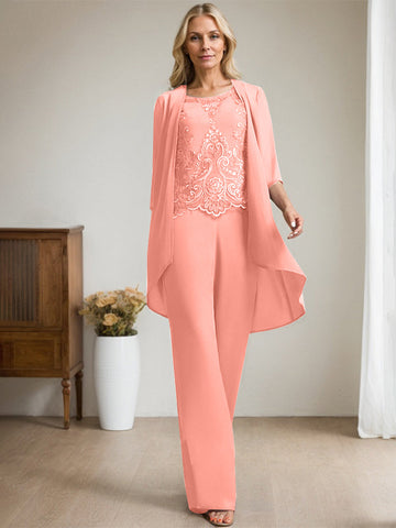 Separates Jumpsuit/Pantsuit Scoop Floor-Length Chiffon Lace Mother of the Bride Dress With Beading Sequins