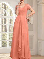 Vestido de corte A, escote corazón, largo hasta el suelo, de gasa, encaje, con cuentas y volantes en cascada para la madre de la novia.