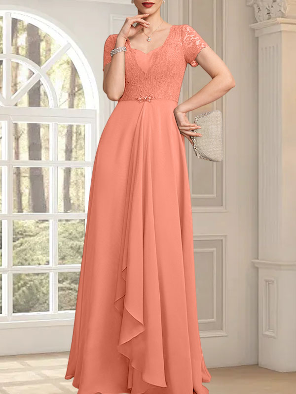 Vestido de corte A, escote corazón, largo hasta el suelo, de gasa, encaje, con cuentas y volantes en cascada para la madre de la novia.