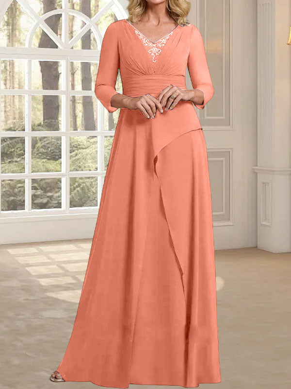 Vestido de gasa de corte A, escote en V, largo hasta el suelo, para la madre de la novia, con plisados ​​y cuentas.