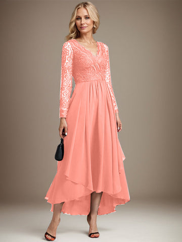 A-line V-Neck Asymmetrical Lace Chiffon Mother of the Bride Dress