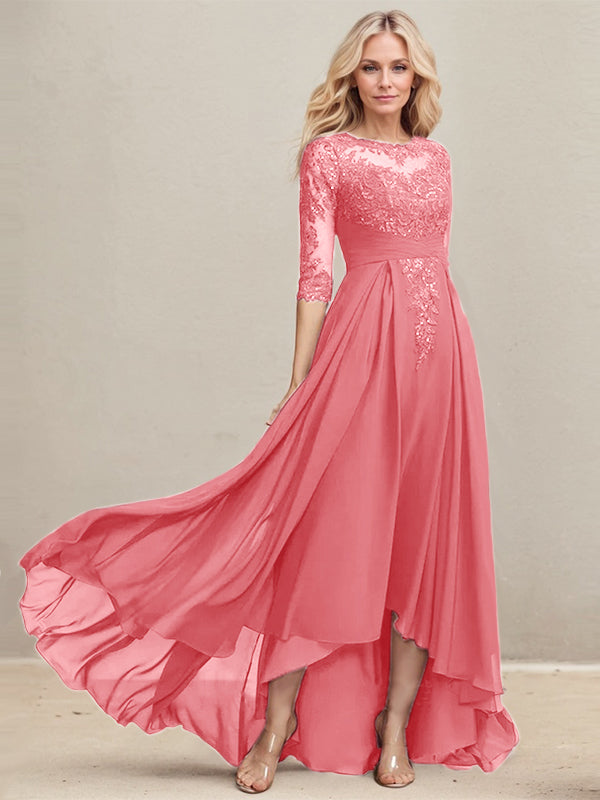 Vestido de madrina de la novia, corte en A, escote redondo ilusión, asimétrico, de encaje y gasa con lentejuelas plisadas. 