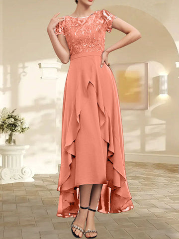 A-line Scoop Illusion Asymmetrical Chiffon Lace Mother of the Bride Dress With Bow Ruffle Sequins