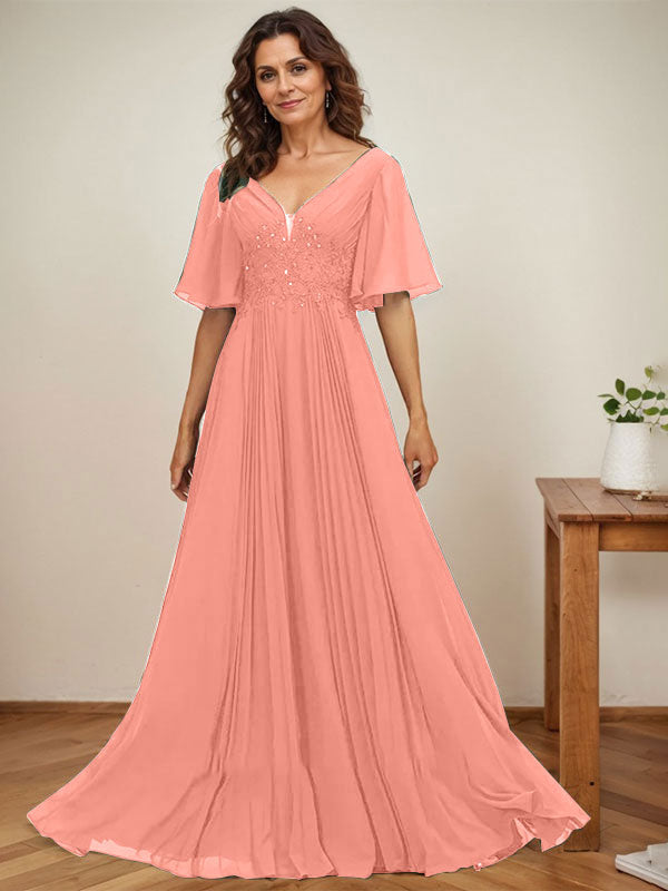 Vestido de corte A, escote en V, largo hasta el suelo, de gasa, para la madre de la novia, con apliques de lentejuelas y encaje plisado. 